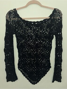 VTG Black Crochet Long Sleeve V Waist Top Whimsigoth Fairy Boho Women’s Sz S